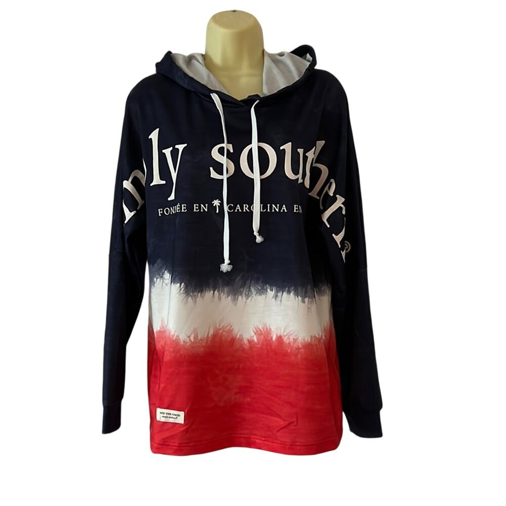 Simply Southern Red, White & Blue Hooded Pullover Top Woman Size Large